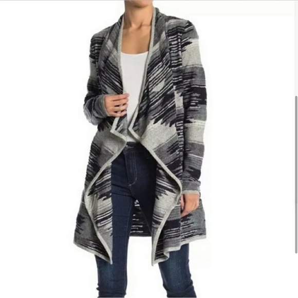 Women’s Lucky Brand Aztec Drape Front Waterfall Cardigan Sweater Gray Navy Small - Picture 1 of 7